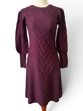💛💕 Eliza J Burgundy Knit Sweater Dress XS Puff Sleeve Textured Chevron